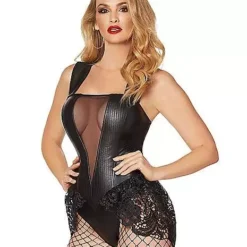Adult Black Faux Leather And Lace Bodysuit